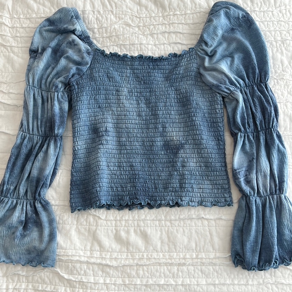 Blue off the shoulder boho smocked top